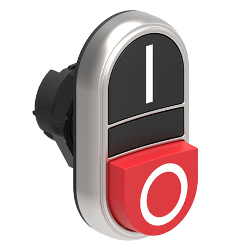 Lovato LPCB7222, Double-Touch Actuator with "I-O" Symbol, Ø22mm Platinum Series Chromed Plastic, One Extended and One Flush Pushbuttons, Both Spring Return, Black/Red