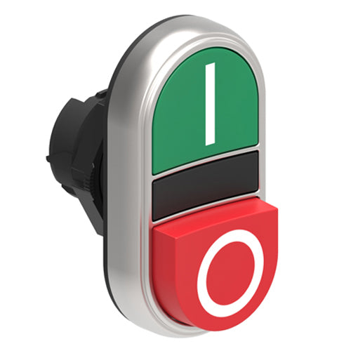 Lovato LPCB7223, Double-Touch Actuator with "I-O" Symbol, Ø22mm Platinum Series Chromed Plastic, One Extended and One Flush Pushbuttons, Both Spring Return, Green/Red