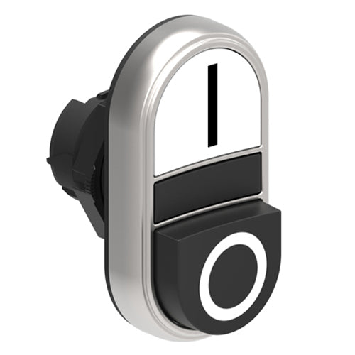 Lovato LPCB7224, Double-Touch Actuator with "I-O" Symbol, Ø22mm Platinum Series Chromed Plastic, One Extended and One Flush Pushbuttons, Both Spring Return, White/Black