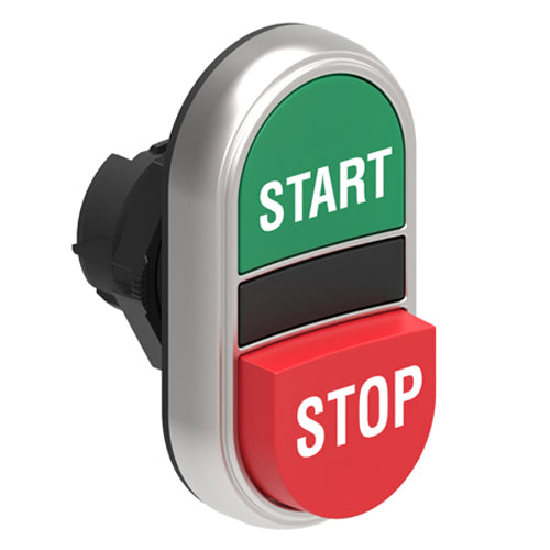 Lovato LPCB7233, Double-Touch Actuator with "START-STOP" Symbol, Ø22mm Platinum Series Chromed Plastic, One Extended and One Flush Pushbuttons, Both Spring Return, Green/Red