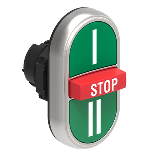 Lovato LPCB7345, Triple-Touch Actuator with "I-STOP-II" Symbol, Ø22mm Platinum Series Chromed Plastic, Two External Flush and One Middle Extended Pushbuttons, Spring Return, Green/Red/Green