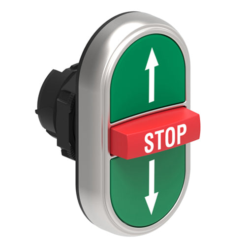 Lovato LPCB7355, Triple-Touch Actuator with "Up Arrow/STOP/Down Arrow" Symbol, Ø22mm Platinum Series Chromed Plastic, Two External Flush and One Middle Extended Pushbuttons, Spring Return, Green/Red/Green