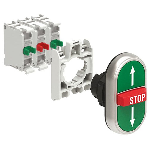 Lovato LPCB7355K21, Triple-Touch Actuator in Kit, Two External Flush and One Middle Extended Pushbuttons, Spring Return with "Up Arrow/STOP/Down Arrow" Symbol, With Mounting Adapter and Two Contact Elements, 2NO+1NC, Screw Termination