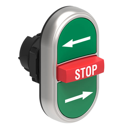 Lovato LPCB7365, Triple-Touch Actuator with "Right Arrow/STOP/Left Arrow" Symbol, Ø22mm Platinum Series Chromed Plastic, Two External Flush and One Middle Extended Pushbuttons, Spring Return, Green/Red/Green