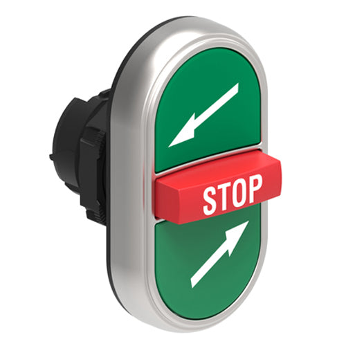 Lovato LPCB7375, Triple-Touch Actuator with "Top Right Arrow/STOP/Bottom Left Arrow" Symbol, Ø22mm Platinum Series Chromed Plastic, Two External Flush and One Middle Extended Pushbuttons, Spring Return, Green/Red/Green