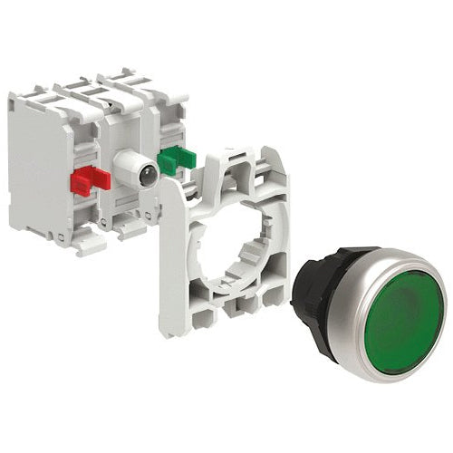 Lovato LPCBL103K11PM3, Illuminated Button Actuator in Kit, Spring Return, Flush, Green, With Mounting Adapter and Two Contact Elements, 1NO+1NC, Screw Termination, LED Integrated Lamp-Holder, Steady Light, 185...265VAC/DC