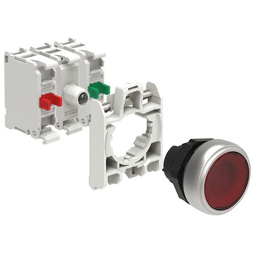 Lovato LPCBL104K11PM4, Illuminated Button Actuator in Kit, Spring Return, Flush, Red, With Mounting Adapter and Two Contact Elements, 1NO+1NC, Screw Termination, LED Integrated Lamp-Holder, Steady Light, 185...265VAC/DC
