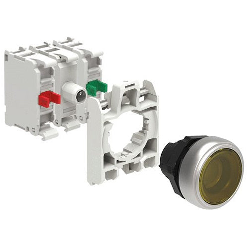 Lovato LPCBL105K11PM5, Illuminated Button Actuator in Kit, Spring Return, Flush, Yellow, With Mounting Adapter and Two Contact Elements, 1NO+1NC, Screw Termination, LED Integrated Lamp-Holder, Steady Light, 185...265VAC/DC