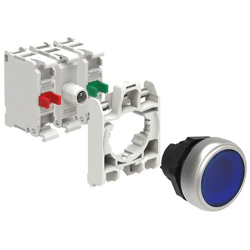 Lovato LPCBL106K11PM6, Illuminated Button Actuator in Kit, Spring Return, Flush, Blue, With Mounting Adapter and Two Contact Elements, 1NO+1NC, Screw Termination, LED Integrated Lamp-Holder, Steady Light, 185...265VAC/DC