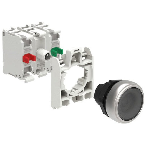 Lovato LPCBL107K11PM8, Illuminated Button Actuator in Kit, Spring Return, Flush, Transparent, With Mounting Adapter and Two Contact Elements, 1NO+1NC, Screw Termination, LED Integrated Lamp-Holder, Steady Light, 185...265VAC/DC