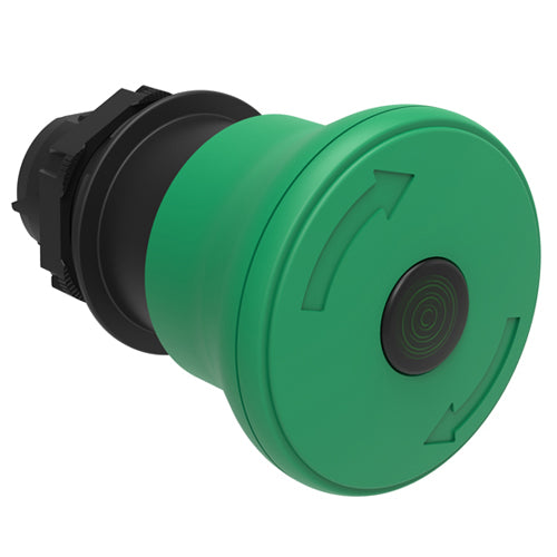 Lovato LPCBL6643, Illuminated Mushroom Head Button Actuator, Ø22mm Platinum Series Chromed Plastic, Latch, Turn To Release, For Normal Stopping, Ø40mm Head Diameter, Green