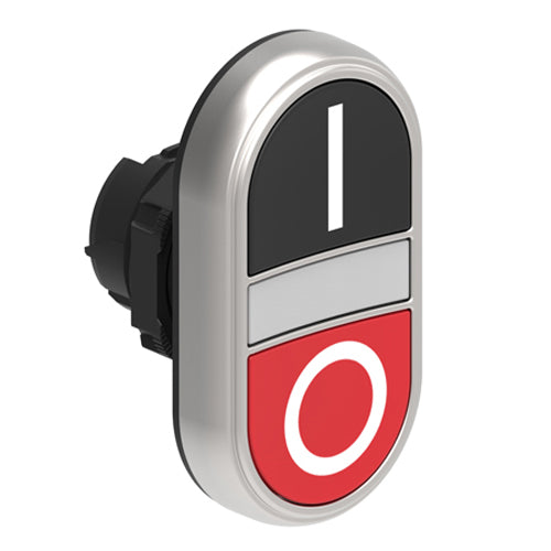 Lovato LPCBL7122, Double-Touch Actuator with "I-O" Symbol, White Indicator, Ø22mm Platinum Series Chromed Plastic, Two Flush Pushbuttons, Both Spring Return, Black/Red