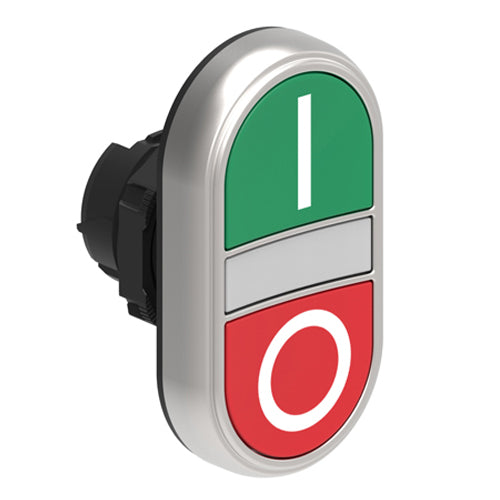 Lovato LPCBL7123, Double-Touch Actuator with "I-O" Symbol, White Indicator, Ø22mm Platinum Series Chromed Plastic, Two Flush Pushbuttons, Both Spring Return, Green/Red