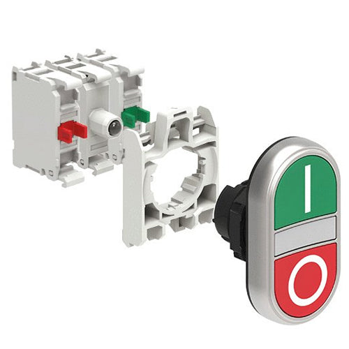 Lovato LPCBL7123K11PM, Double-Touch Actuator in Kit, White Indicator, Spring Return with "I-O" Symbol, Green/Red, With Mounting Adapter and 2 Contact Elements, Screw Termination, LED Integrated Lamp-Holder, Steady Light, 185...265VAC/DC