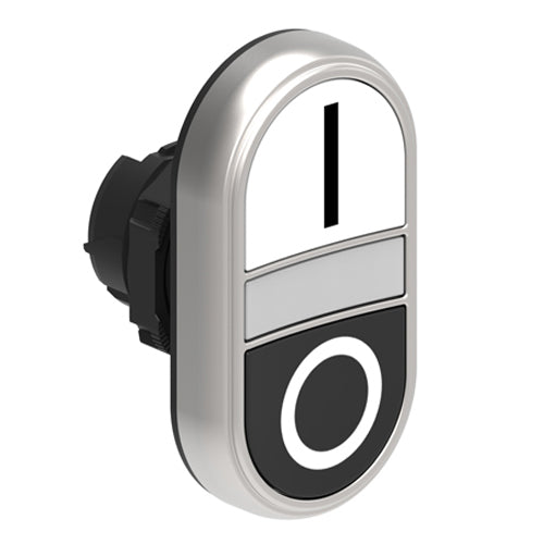 Lovato LPCBL7124, Double-Touch Actuator with "I-O" Symbol, White Indicator, Ø22mm Platinum Series Chromed Plastic, Two Flush Pushbuttons, Both Spring Return, White/Black