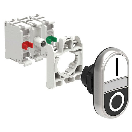 Lovato LPCBL7124K11PB, Double-Touch Actuator in Kit, White Indicator, Spring Return with "I-O" Symbol, White/Black, With Mounting Adapter and 2 Contact Elements, Screw Termination, LED Integrated Lamp-Holder, Steady Light, 12...30VAC/DC