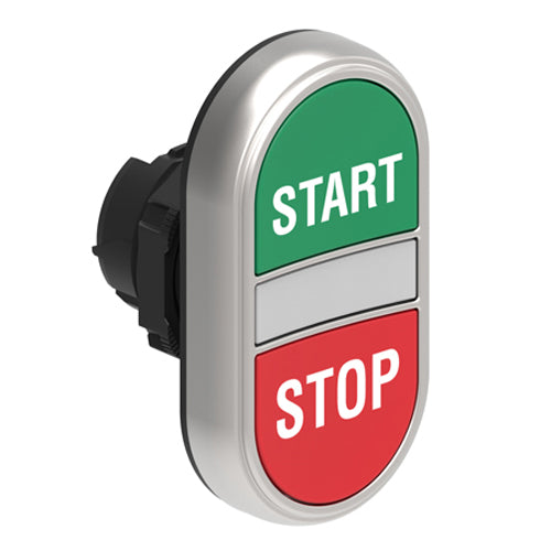 Lovato LPCBL7133, Double-Touch Actuator with "START-STOP" Symbol, White Indicator, Ø22mm Platinum Series Chromed Plastic, Two Flush Pushbuttons, Both Spring Return, Green/Red