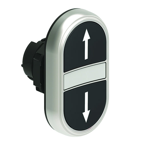 Lovato LPCBL7191, Double-Touch Actuator with Up-Down Arrow Symbol, White Indicator, Ø22mm Platinum Series Chromed Plastic, Two Flush Pushbuttons, Both Spring Return, Black/Black
