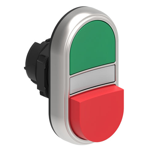 Lovato LPCBL7213, Double-Touch Actuator, White Indicator, Ø22mm Platinum Series Chromed Plastic, One Extended and One Flush Pushbuttons, Both Spring Return, Green/Red