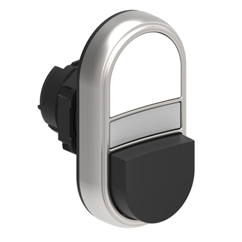 Lovato LPCBL7214, Double-Touch Actuator, White Indicator, Ø22mm Platinum Series Chromed Plastic, One Extended and One Flush Pushbuttons, Both Spring Return, White/Black