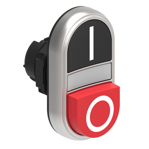 Lovato LPCBL7222, Double-Touch Actuator with "I-O" Symbol, White Indicator, Ø22mm Platinum Series Chromed Plastic, One Extended and One Flush Pushbuttons, Both Spring Return, Black/Red