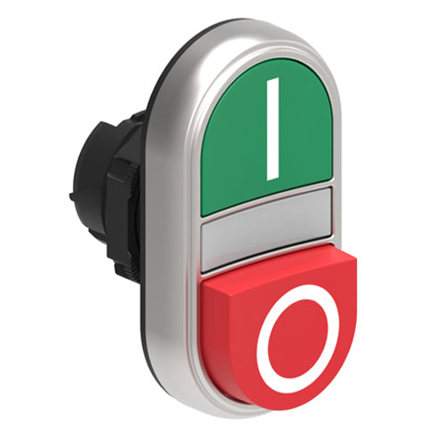 Lovato LPCBL7223, Double-Touch Actuator with "I-O" Symbol, White Indicator, Ø22mm Platinum Series Chromed Plastic, One Extended and One Flush Pushbuttons, Both Spring Return, Green/Red