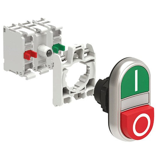 Lovato LPCBL7223K11PB, Double-Touch Actuator in Kit, White Indicator, One Extended and One Flush Pushbuttons, "I-O" Symbol, Green/Red, With Mounting Adapter and 2 Contact Elements, LED Integrated Lamp-Holder, Steady Light, 12...30VAC/DC