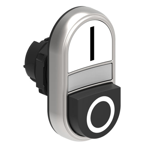Lovato LPCBL7224, Double-Touch Actuator with "I-O" Symbol, White Indicator, Ø22mm Platinum Series Chromed Plastic, One Extended and One Flush Pushbuttons, Both Spring Return, White/Black