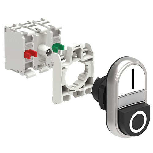 Lovato LPCBL7224K11PB, Double-Touch Actuator in Kit, White Indicator, One Extended and One Flush Pushbuttons, "I-O" Symbol, White/Black, With Mounting Adapter and 2 Contact Elements, LED Integrated Lamp-Holder, Steady Light, 12...30VAC/DC