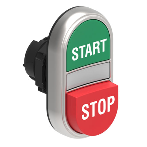 Lovato LPCBL7233, Double-Touch Actuator with "START-STOP" Symbol, White Indicator, Ø22mm Platinum Series Chromed Plastic, One Extended and One Flush Pushbuttons, Both Spring Return, Green/Red