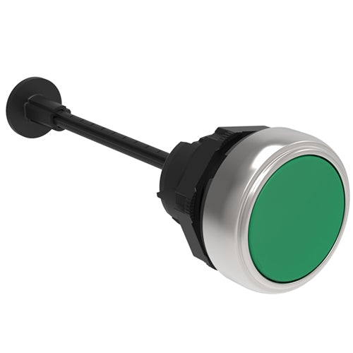 Lovato LPCR1003, Mechanical Rest Button, Complete Unit, Spring Return, Ø22mm Platinum Series Chromed Plastic, Flush, Adjustable Length 0...150mm/5.9in, Complete with Shaft, Green