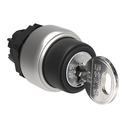 Lovato LPCS320R520E, Selector Switch Actuator, Key Lever, Ø22mm Platinum Series Chromed Plastic, 2 Position, 0 - 1 (Key Extraction in 0), Black, With Different Key Code