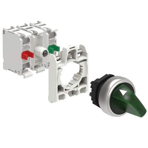 Lovato LPCSL120K11PB3, Illuminated Selector Switch Actuator In Kit, Short Lever, 2 Position, 0 - 1, Green, With Mounting Adapter and 2 Contact Elements, 1NO+1NC, Screw Termination, LED Integrated Lamp-Holder, Steady Light, 12...30VAC/DC