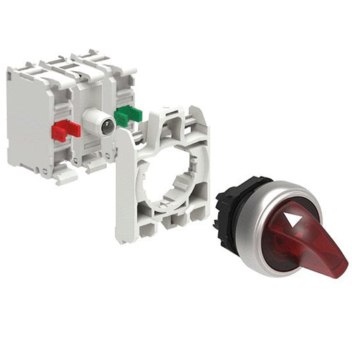 Lovato LPCSL120K11PB4, Illuminated Selector Switch Actuator In Kit, Short Lever, 2 Position, 0 - 1, Red, With Mounting Adapter and 2 Contact Elements, 1NO+1NC, Screw Termination, LED Integrated Lamp-Holder, Steady Light, 12...30VAC/DC