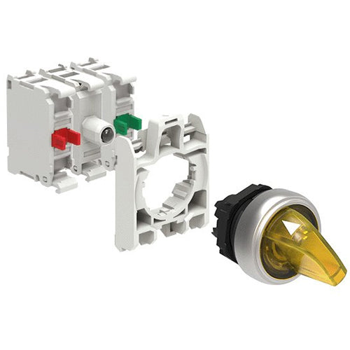 Lovato LPCSL120K11PB5, Illuminated Selector Switch Actuator In Kit, Short Lever, 2 Position, 0 - 1, Yellow, With Mounting Adapter and 2 Contact Elements, 1NO+1NC, Screw Termination, LED Integrated Lamp-Holder, Steady Light, 12...30VAC/DC