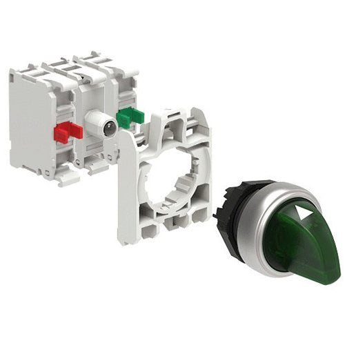 Lovato LPCSL130K11PB3, Illuminated Selector Switch Actuator In Kit, Short Lever, 3 Position, 1 - 0 - 2, Green, With Mounting Adapter and 2 Contact Elements, 1NO+1NC, Screw Termination, LED Integrated Lamp-Holder, Steady Light, 12...30VAC/DC