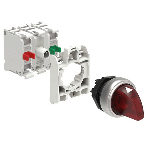 Lovato LPCSL130K11PB4, Illuminated Selector Switch Actuator In Kit, Short Lever, 3 Position, 1 - 0 - 2, Red, With Mounting Adapter and 2 Contact Elements, 1NO+1NC, Screw Termination, LED Integrated Lamp-Holder, Steady Light, 12...30VAC/DC