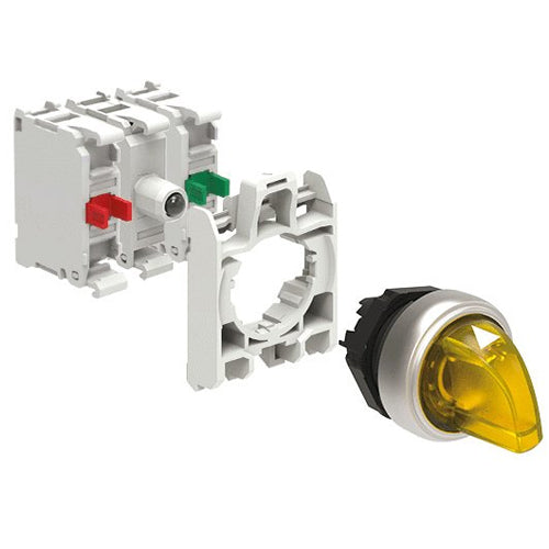 Lovato LPCSL130K11PB5, Illuminated Selector Switch Actuator In Kit, Short Lever, 3 Position, 1 - 0 - 2, Yellow, With Mounting Adapter and 2 Contact Elements, 1NO+1NC, Screw Termination, LED Integrated Lamp-Holder, Steady Light, 12...30VAC/DC