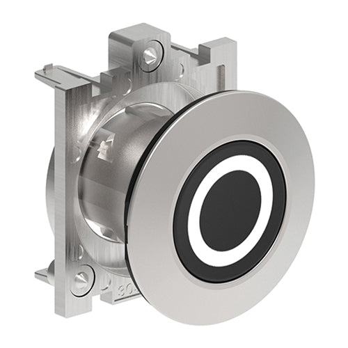 Lovato LPFB1102, Pushbutton Actuator with "O" Symbol, Spring Return, Ø30mm Platinum Series Flat Metal, Flush, Black