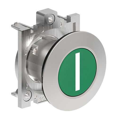 Lovato LPFB1113, Pushbutton Actuator with "I" Symbol, Spring Return, Ø30mm Platinum Series Flat Metal, Flush, Green