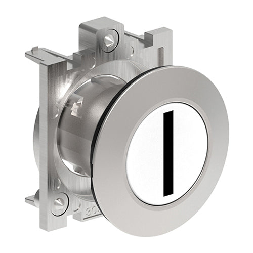 Lovato LPFB1118, Pushbutton Actuator with "I" Symbol, Spring Return, Ø30mm Platinum Series Flat Metal, Flush, White