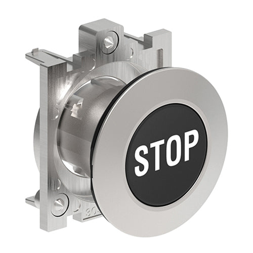 Lovato LPFB1132, Pushbutton Actuator with "STOP" Symbol, Spring Return, Ø30mm Platinum Series Flat Metal, Flush, Black