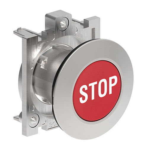 Lovato LPFB1134, Pushbutton Actuator with "STOP" Symbol, Spring Return, Ø30mm Platinum Series Flat Metal, Flush, Red