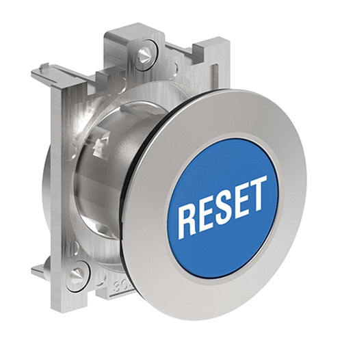 Lovato LPFB1196, Pushbutton Actuator with "RESET" Symbol, Spring Return, Ø30mm Platinum Series Flat Metal, Flush, Blue