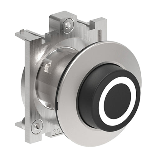 Lovato LPFB2102, Pushbutton Actuator with "O" Symbol, Spring Return, Ø30mm Platinum Series Flat Metal, Extended, Black