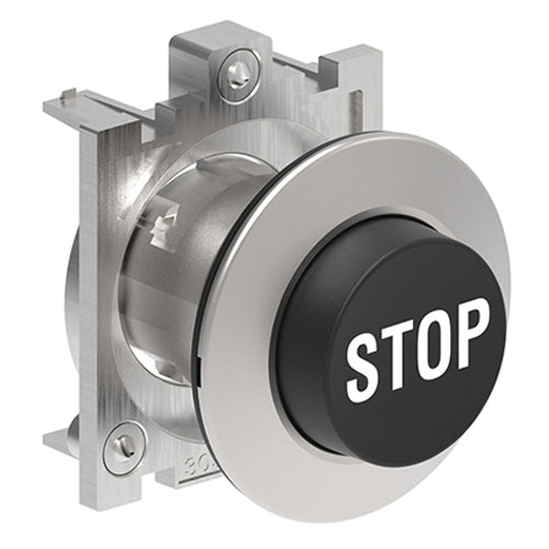 Lovato LPFB2132, Pushbutton Actuator with "STOP" Symbol, Spring Return, Ø30mm Platinum Series Flat Metal, Extended, Black