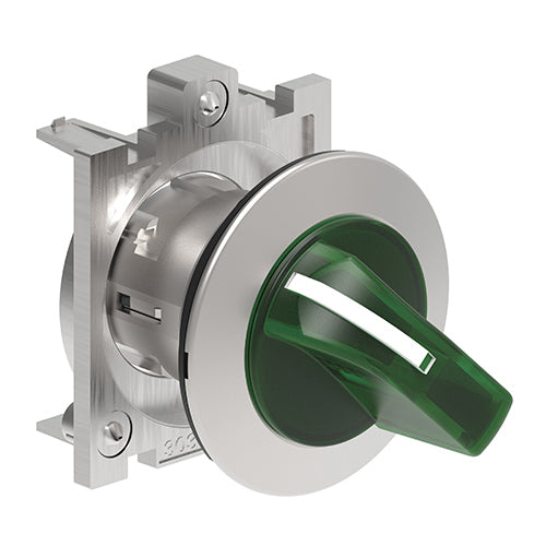 Lovato LPFSL1213, Illuminated Selector Switch Actuator, Short Lever, Ø30mm Platinum Series Flat Metal, 2 Position, 0 < 1, Green