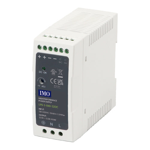 IMO LPS-1-060-12DC, LPS Series Single Phase DIN Rail Power Supply, 85-264VAC / 120-370VDC Universal Input, 60W 12VDC 5A Output, Plastic Body