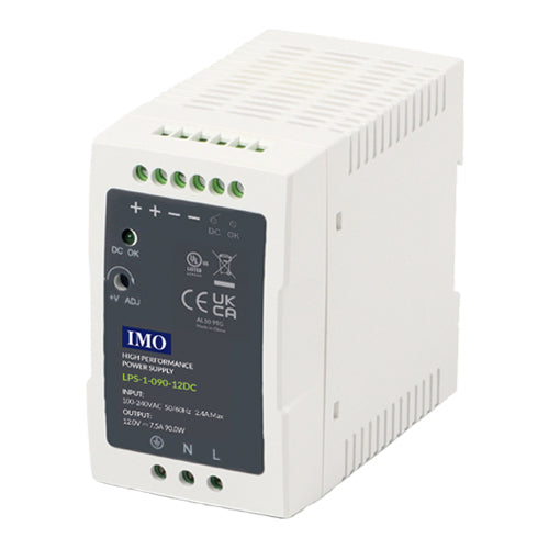 IMO LPS-1-090-12DC, LPS Series Single Phase DIN Rail Power Supply, 85-264VAC / 120-370VDC Universal Input, 90W 12VDC 7.5A Output, Plastic Body