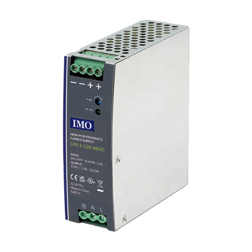 IMO LPS-1-120-48DC, LPS Series Single Phase DIN Rail Power Supply, 90-264VAC / 127-375VDC Universal Input, 120W 48VDC 2.5A Output, Metal Body